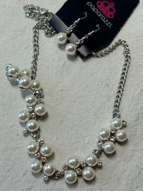 paparazzi Silver Faux Pearl Cluster Necklace & Drop Earrings - White